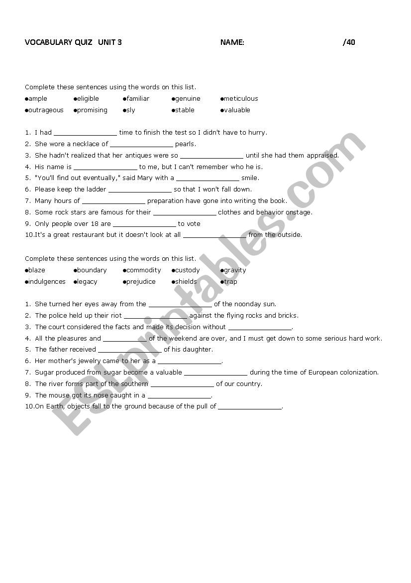 Impact 11 Vocabulary Unit 3 worksheet