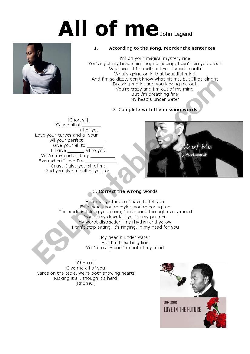 Song All of me worksheet