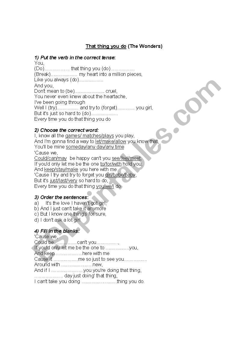 Song: That Thing You Do worksheet