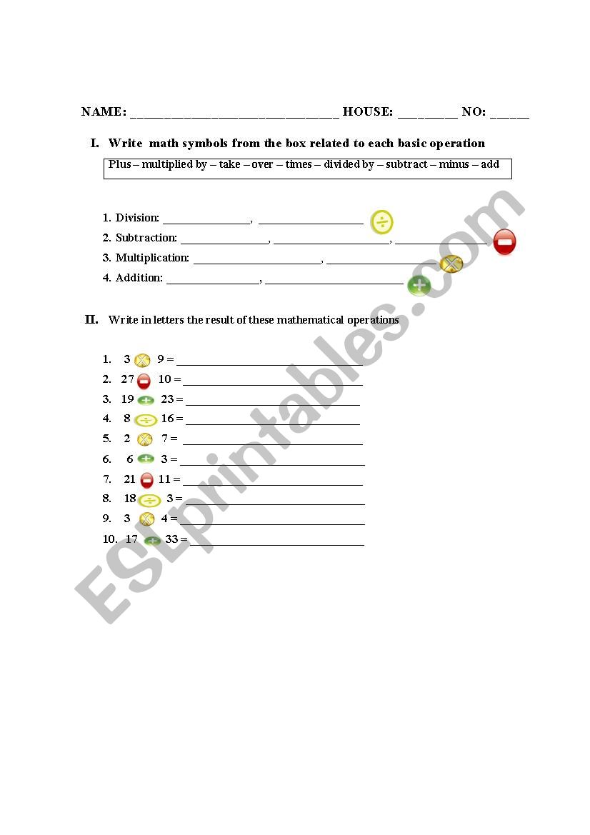 Math symbols  worksheet