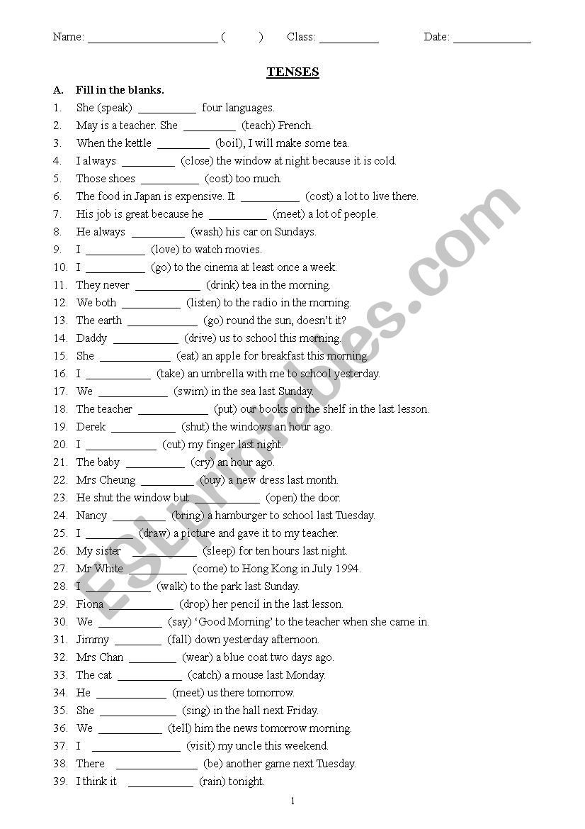 mixed tenses with answers worksheet