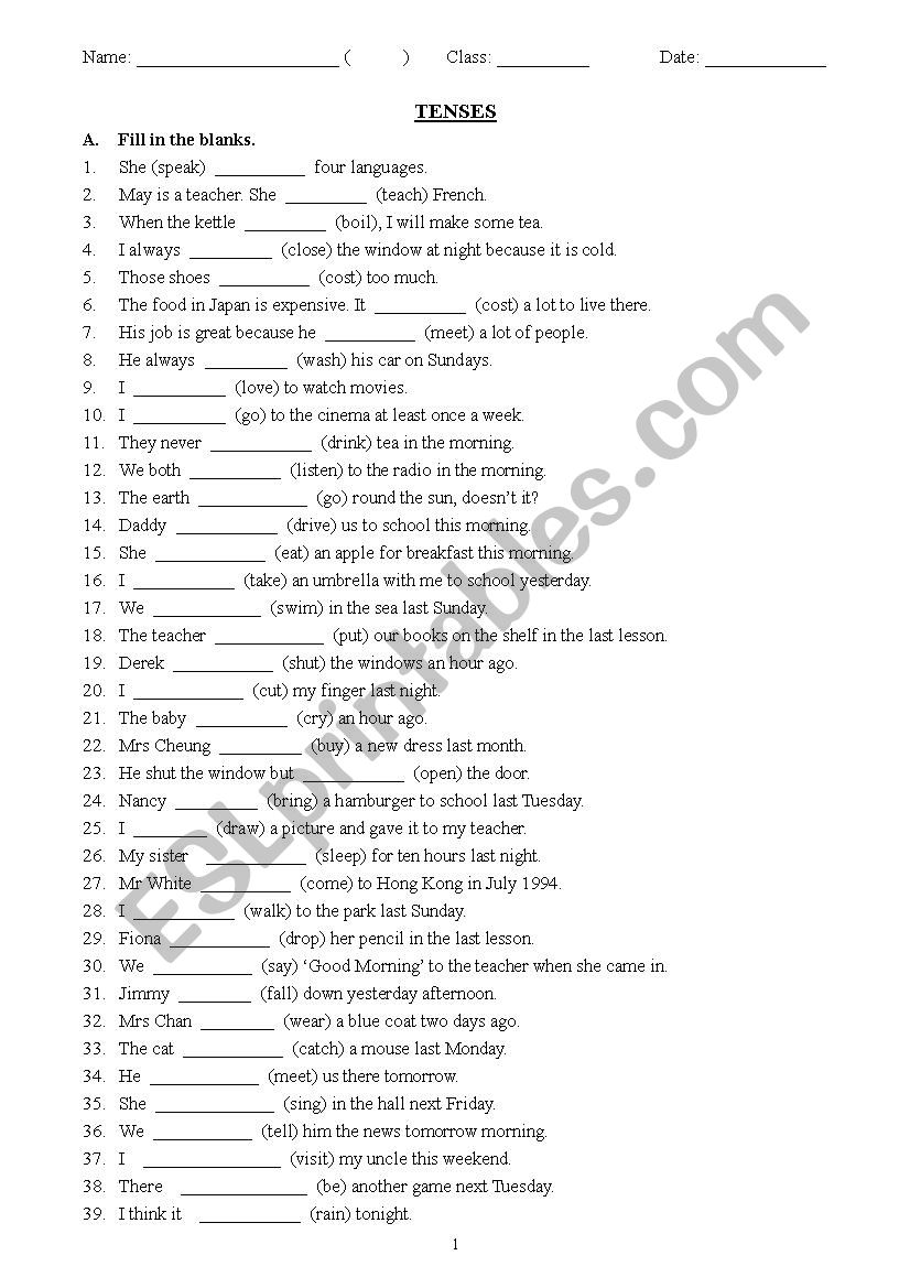 Mixed Simple Tenses Worksheet