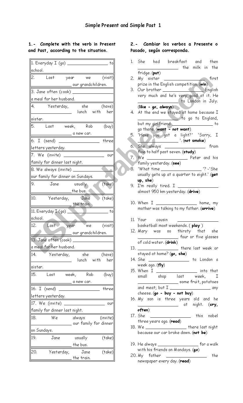 Present Simple vs Past Simple worksheet