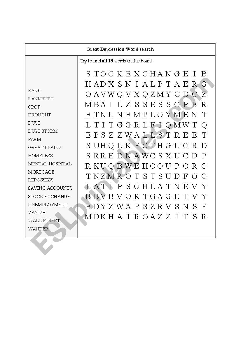 Great Depression word search worksheet