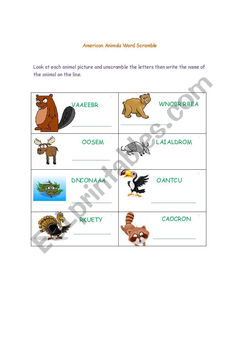 American Animals Word Scramble