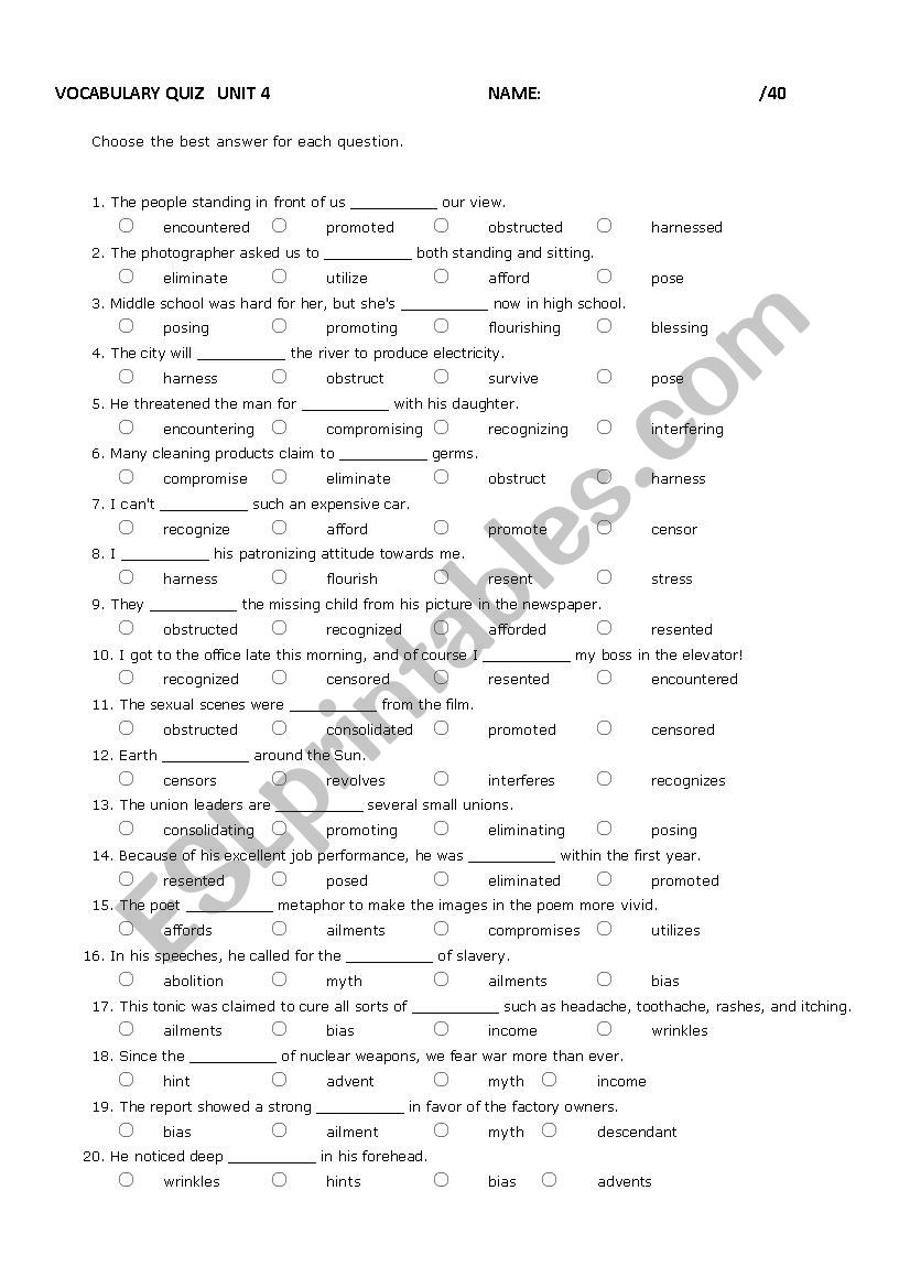 Impact 11 Vocabulary Quiz Unit 4