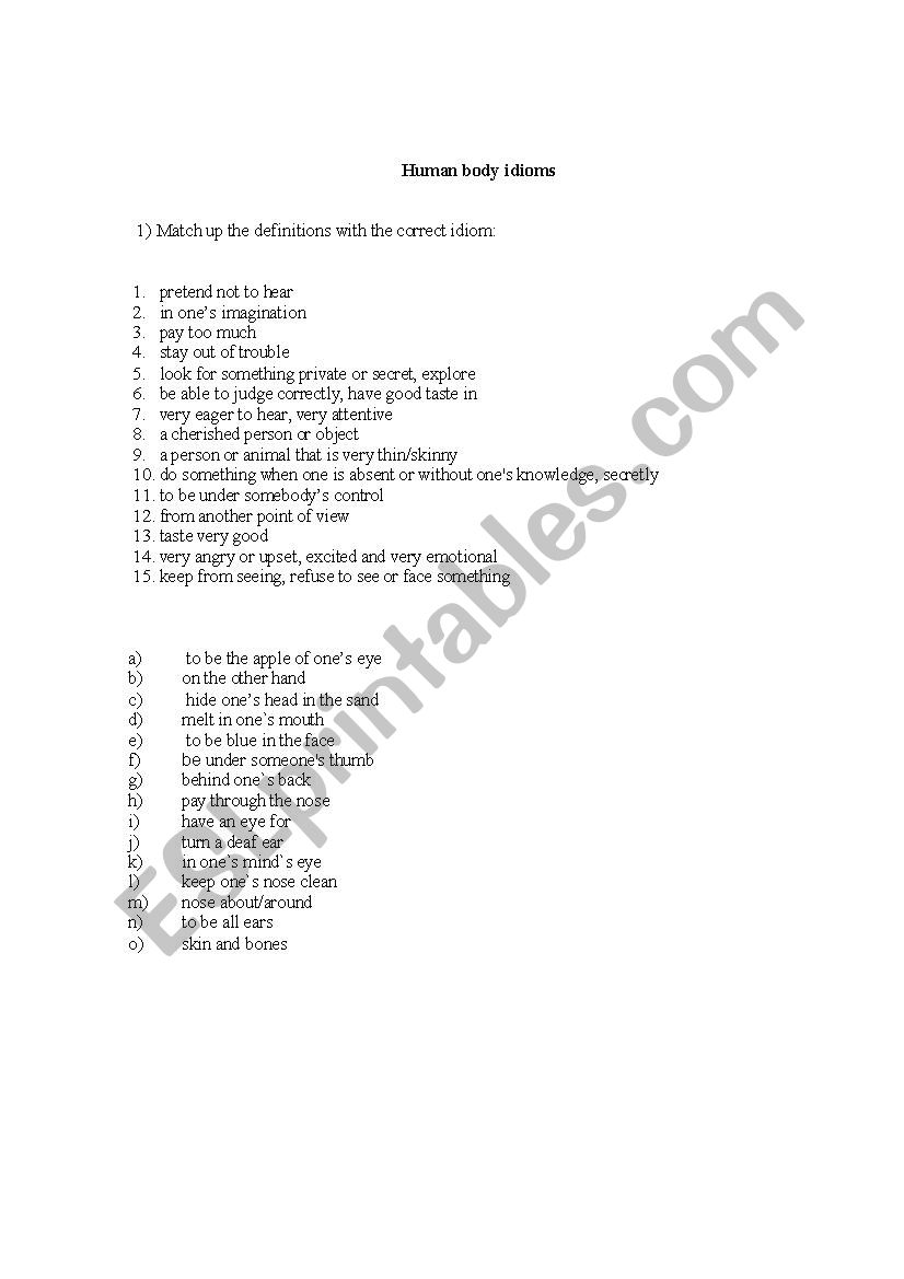 Body parts idioms worksheet