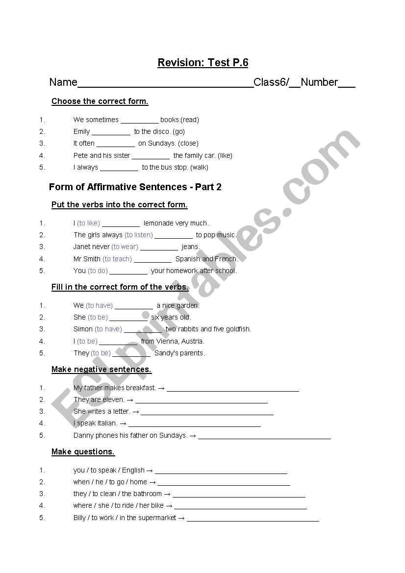 revision test for 6 graders worksheet