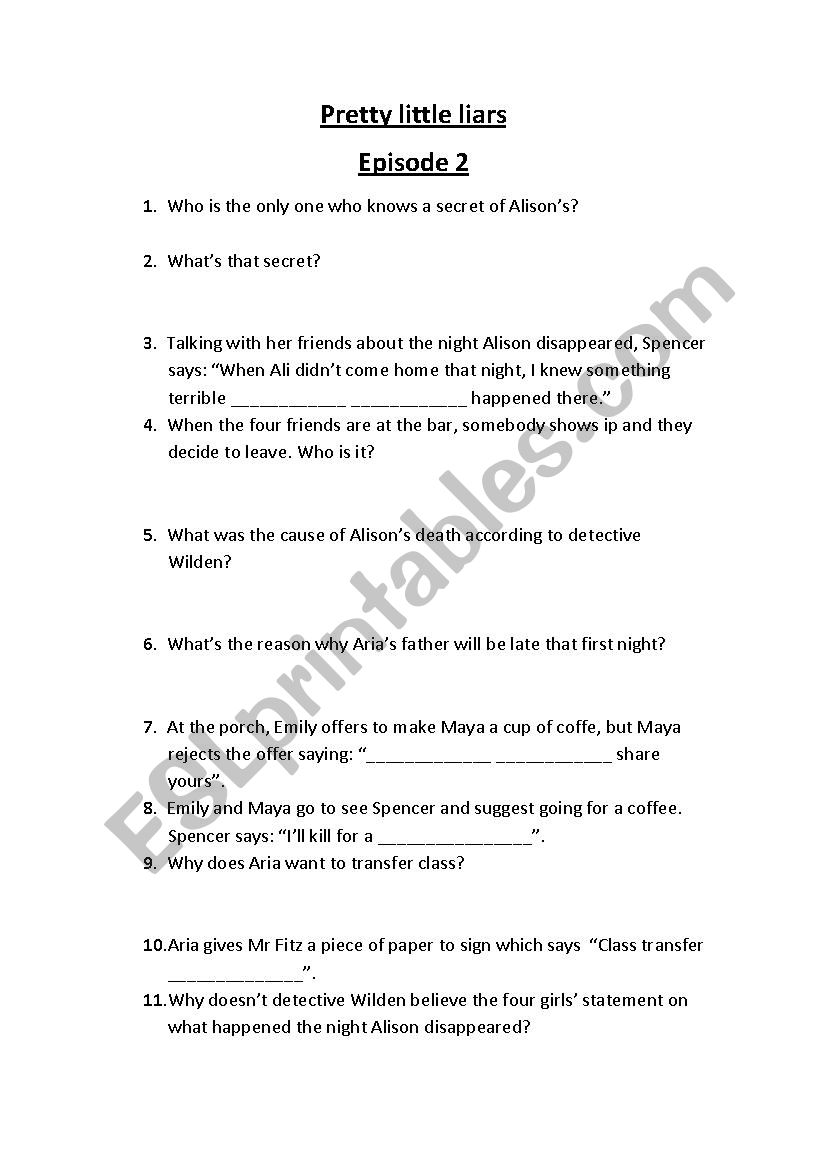 Pretty little liars episode 2 worksheet