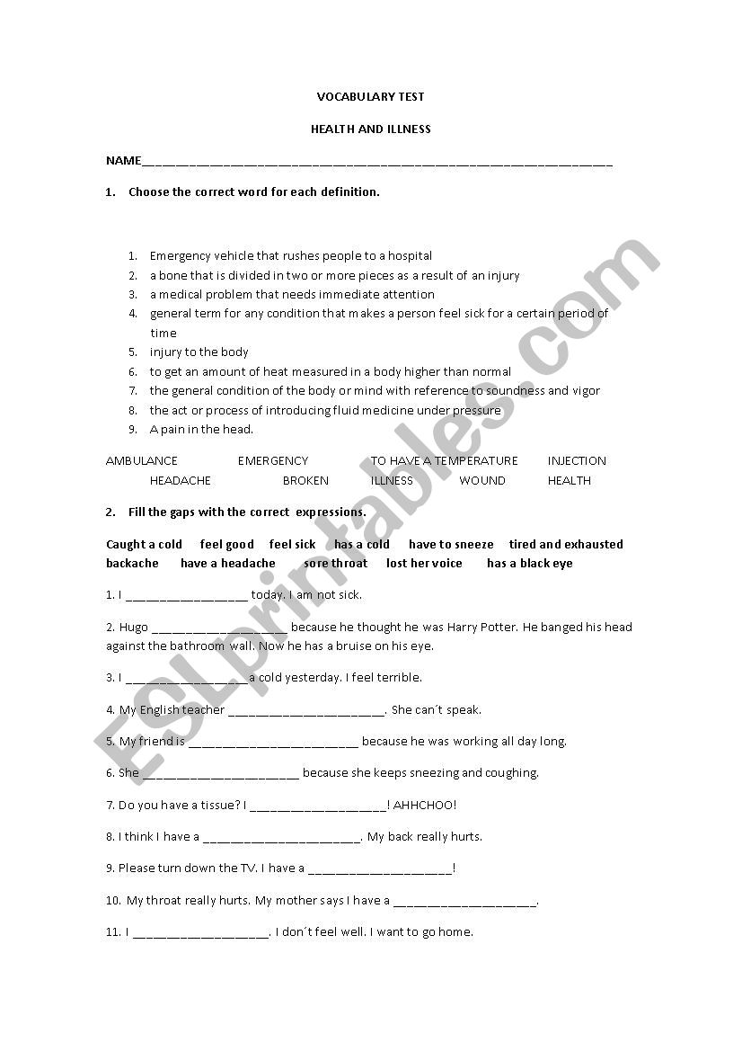 Vocabulary test Health and Illness