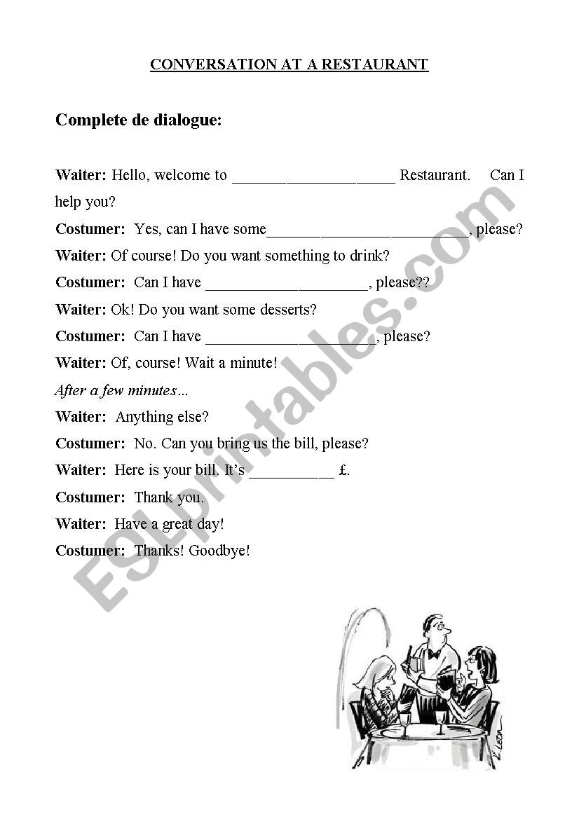 Conversation at a restaurat worksheet