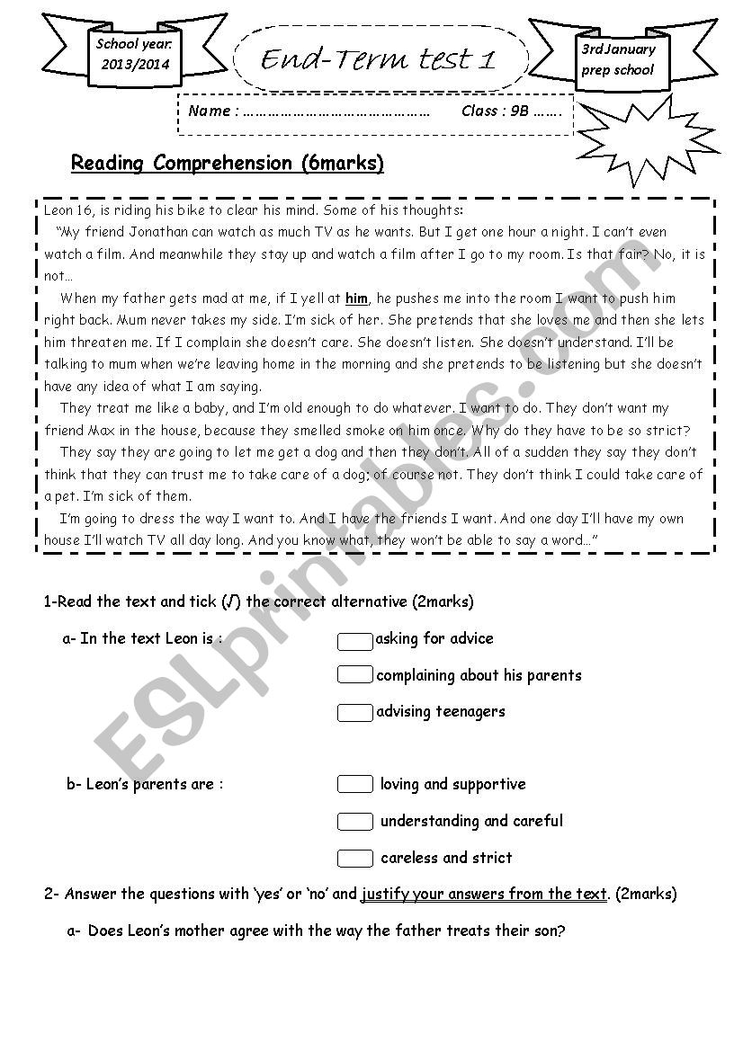 9th end 1 worksheet