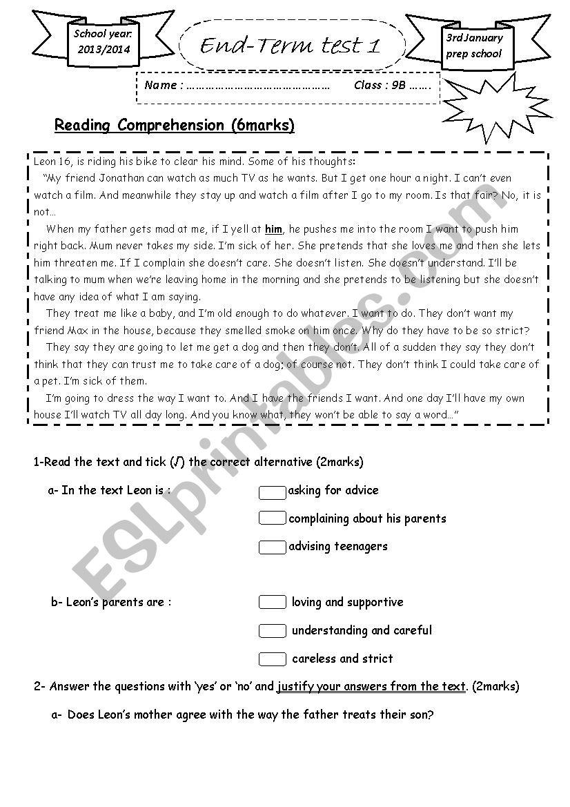 9th end 1 worksheet