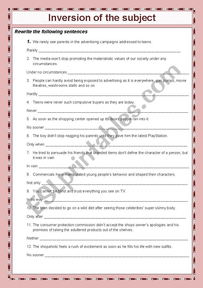 Inversion of the subject worksheet