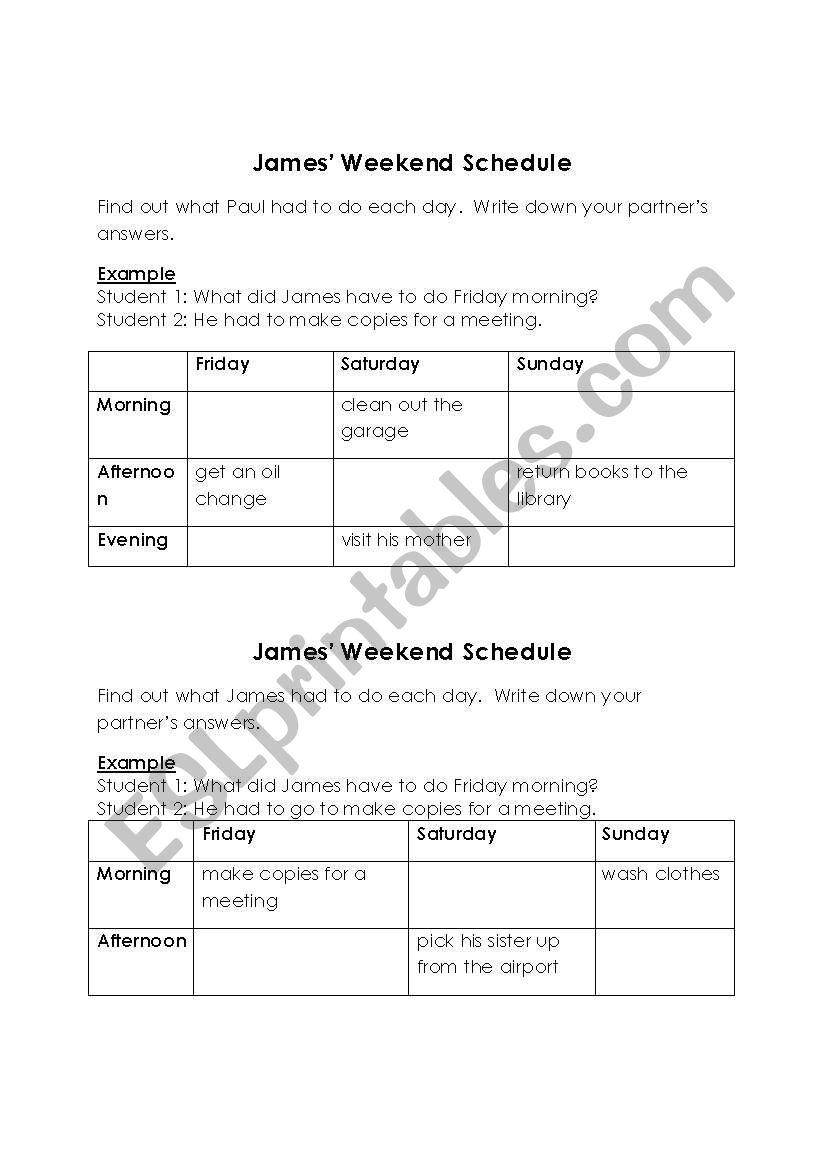 James Weekend Schedule worksheet