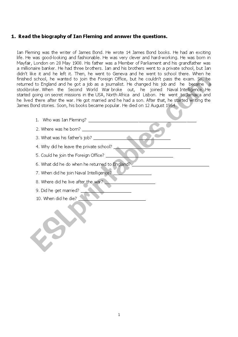 The biography of Ian Fleming  worksheet