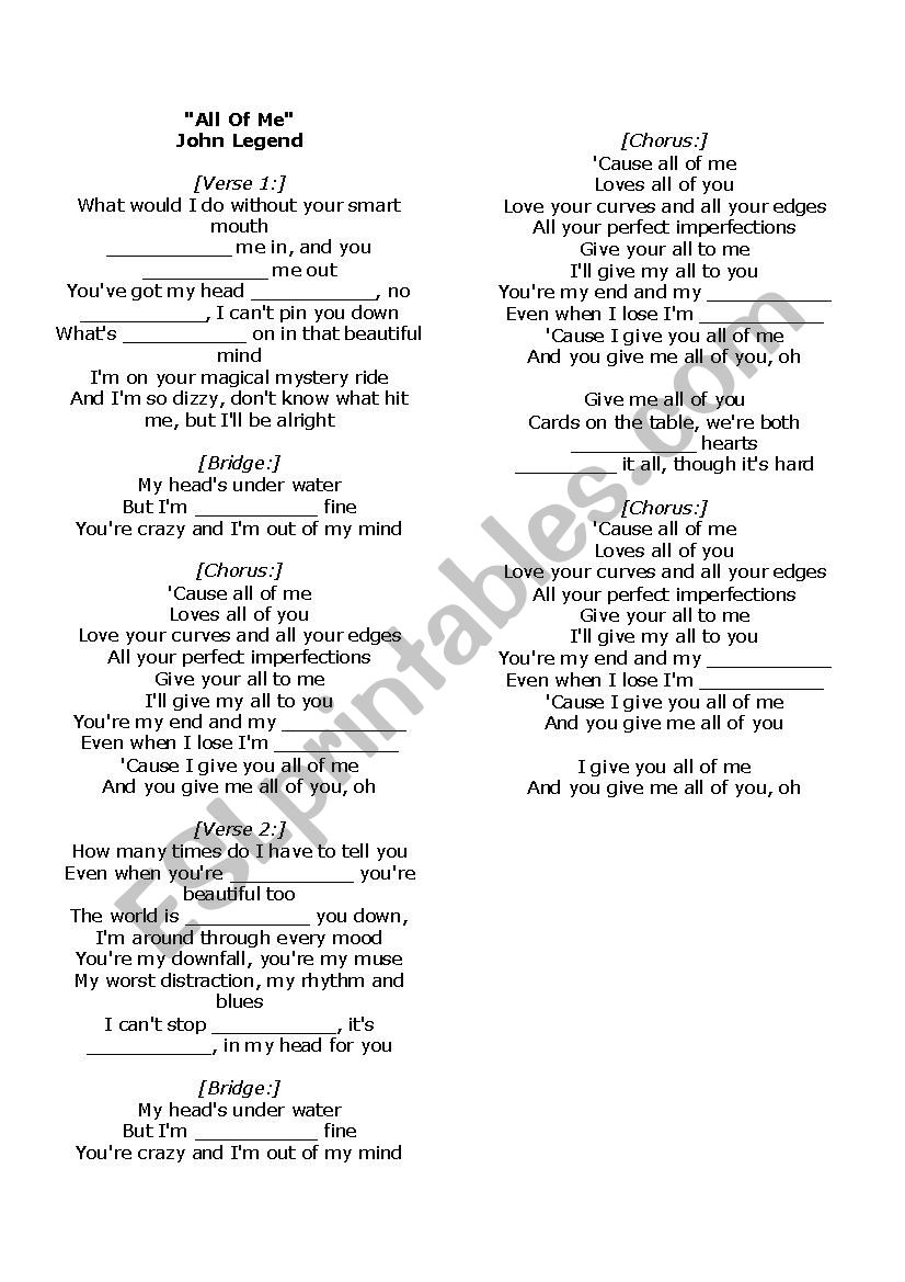 All of me - John Legend Worksheet