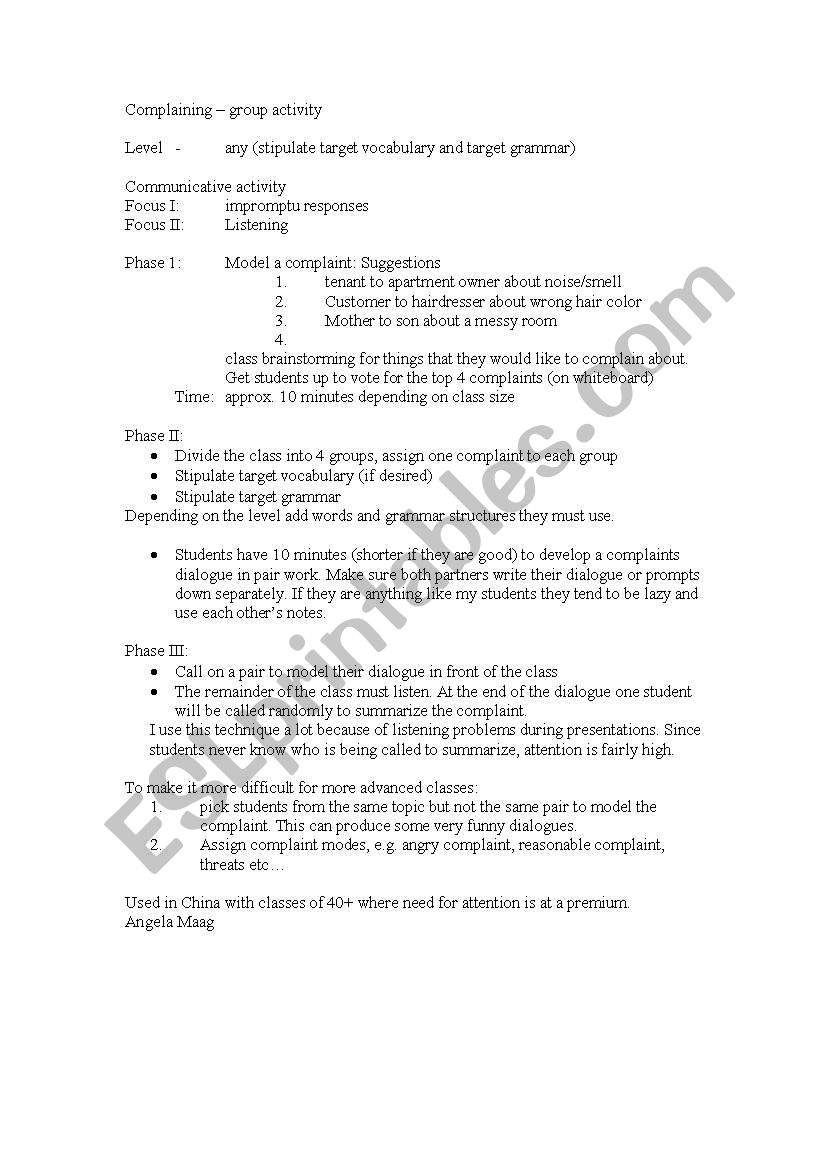 Complaining worksheet