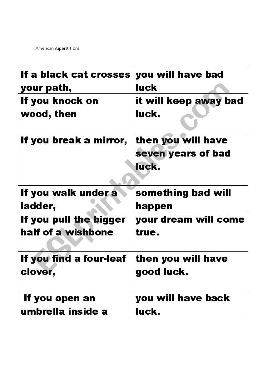 American Superstitions worksheet