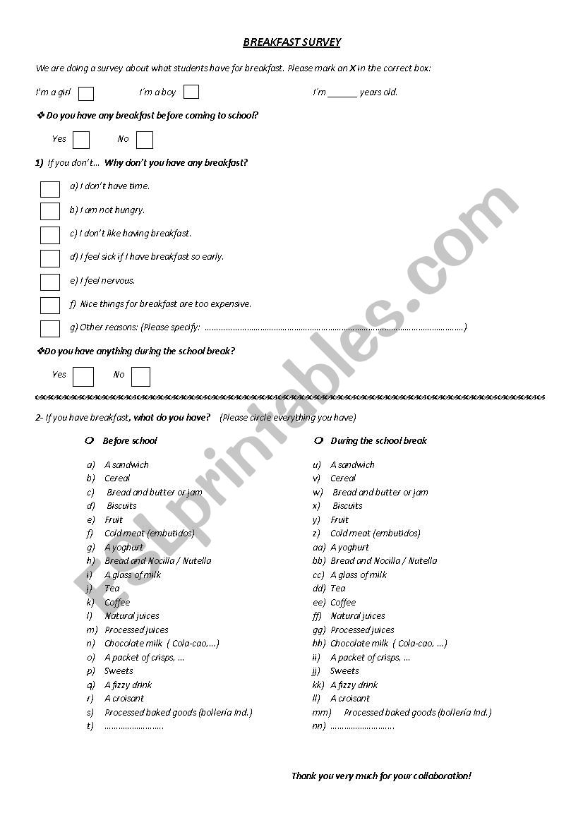 Breakfast Quiz worksheet