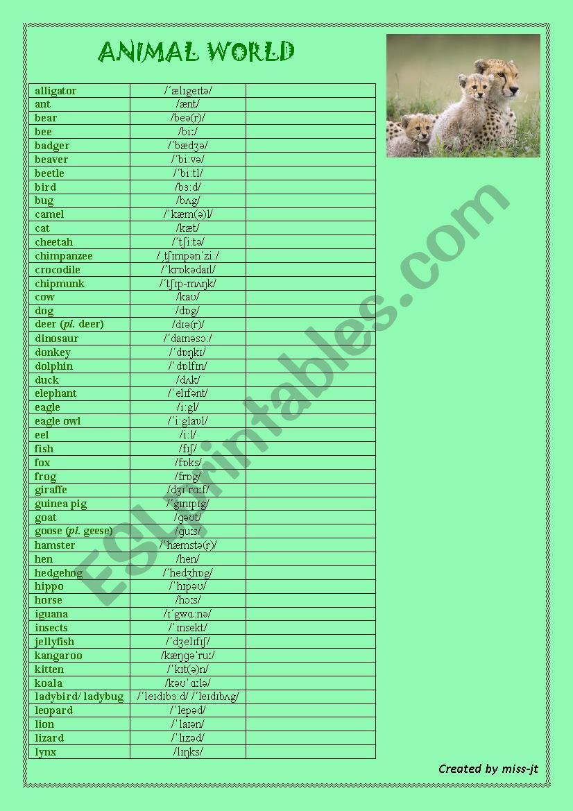 Animals (Vocabulary list) worksheet