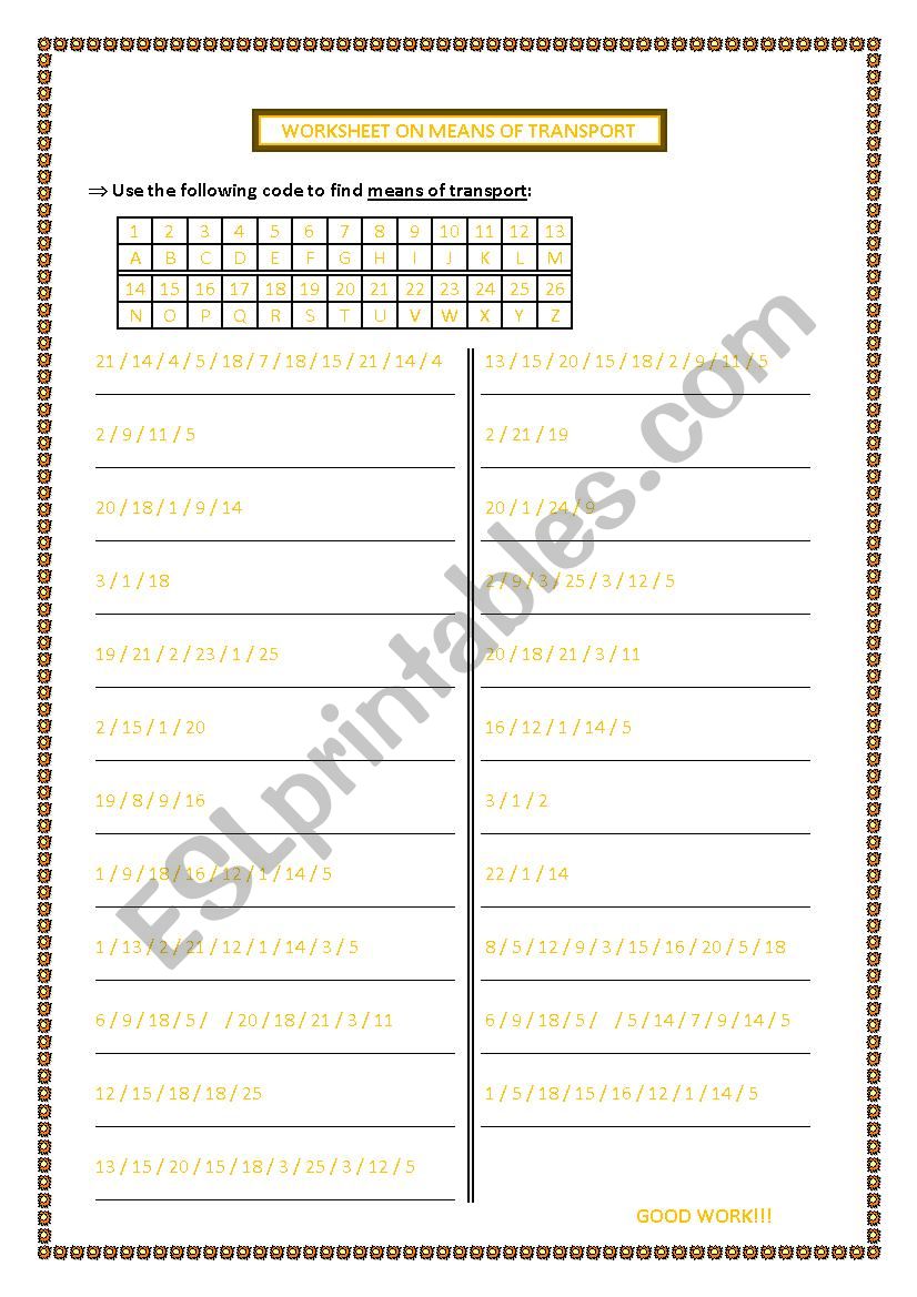 Means of transport worksheet