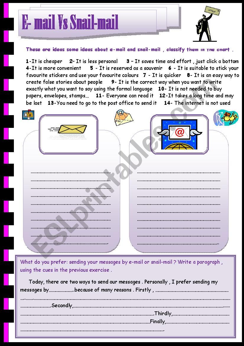 e-mail Vs snail-mail worksheet