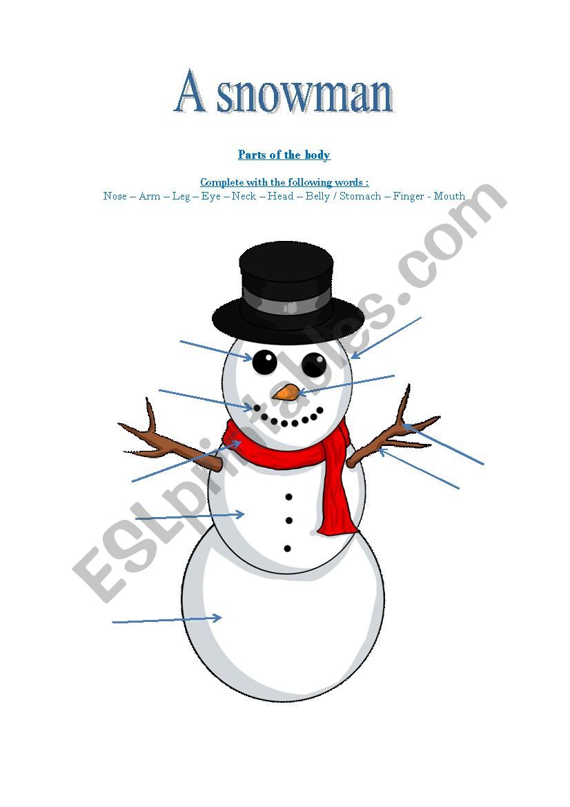 Snowman: parts of the body worksheet