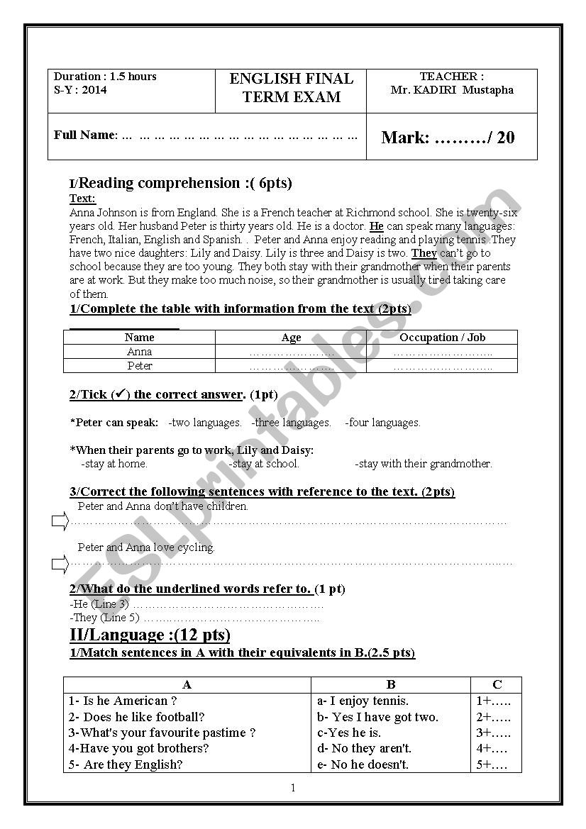 English FINAL EXAM  worksheet