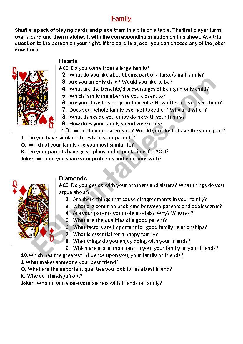 Families card game worksheet