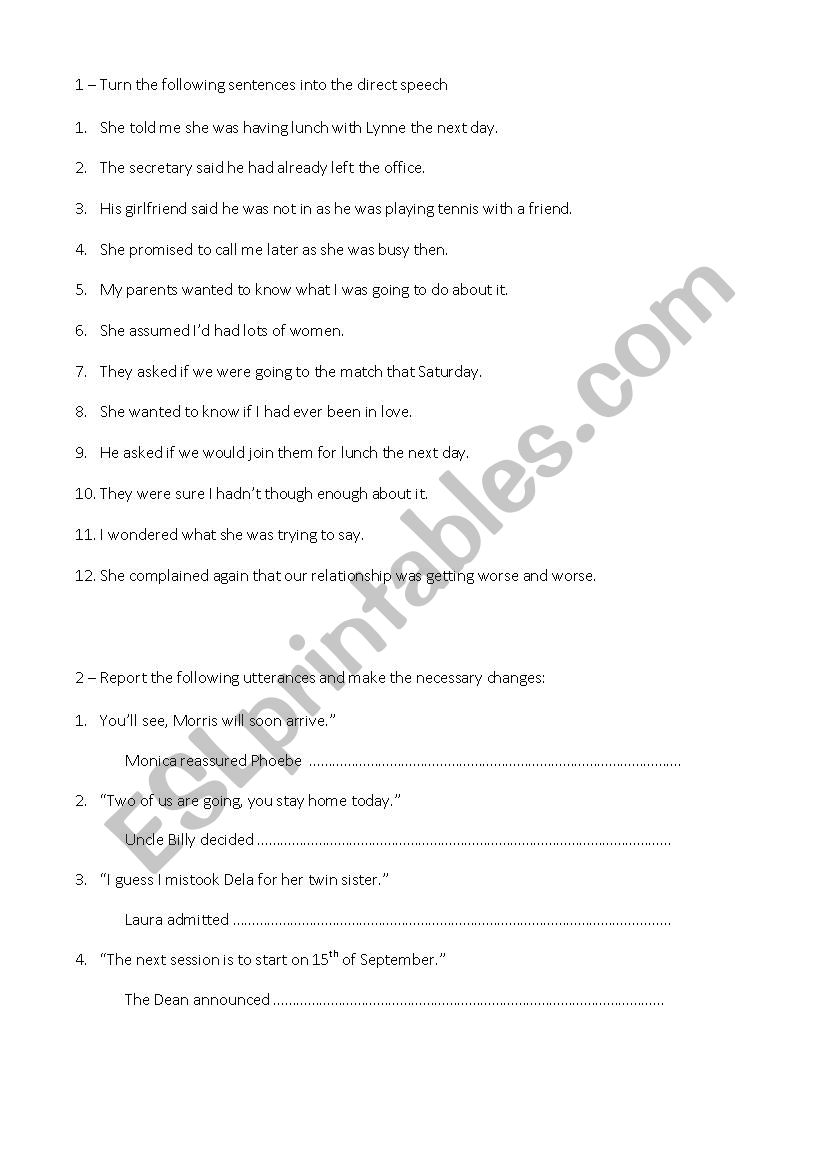 reported speech worksheet