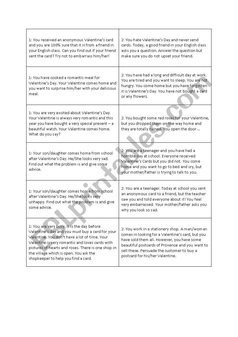 Valentines Day: SPEAKING ACTIVITY Role plays