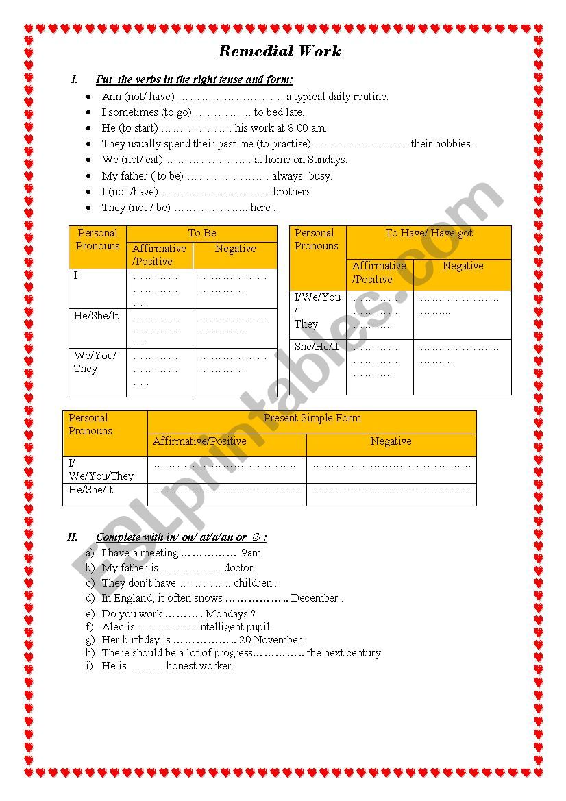 remedial work (7th form) worksheet