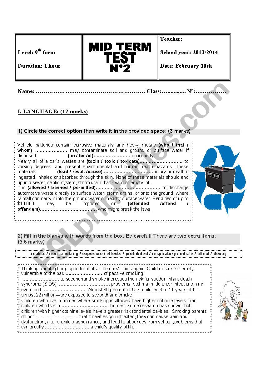 9th form mid-term test N2 worksheet