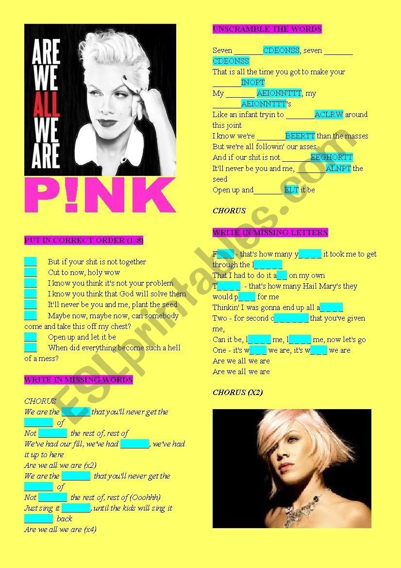 PINK ARE WE ALL WE ARE worksheet