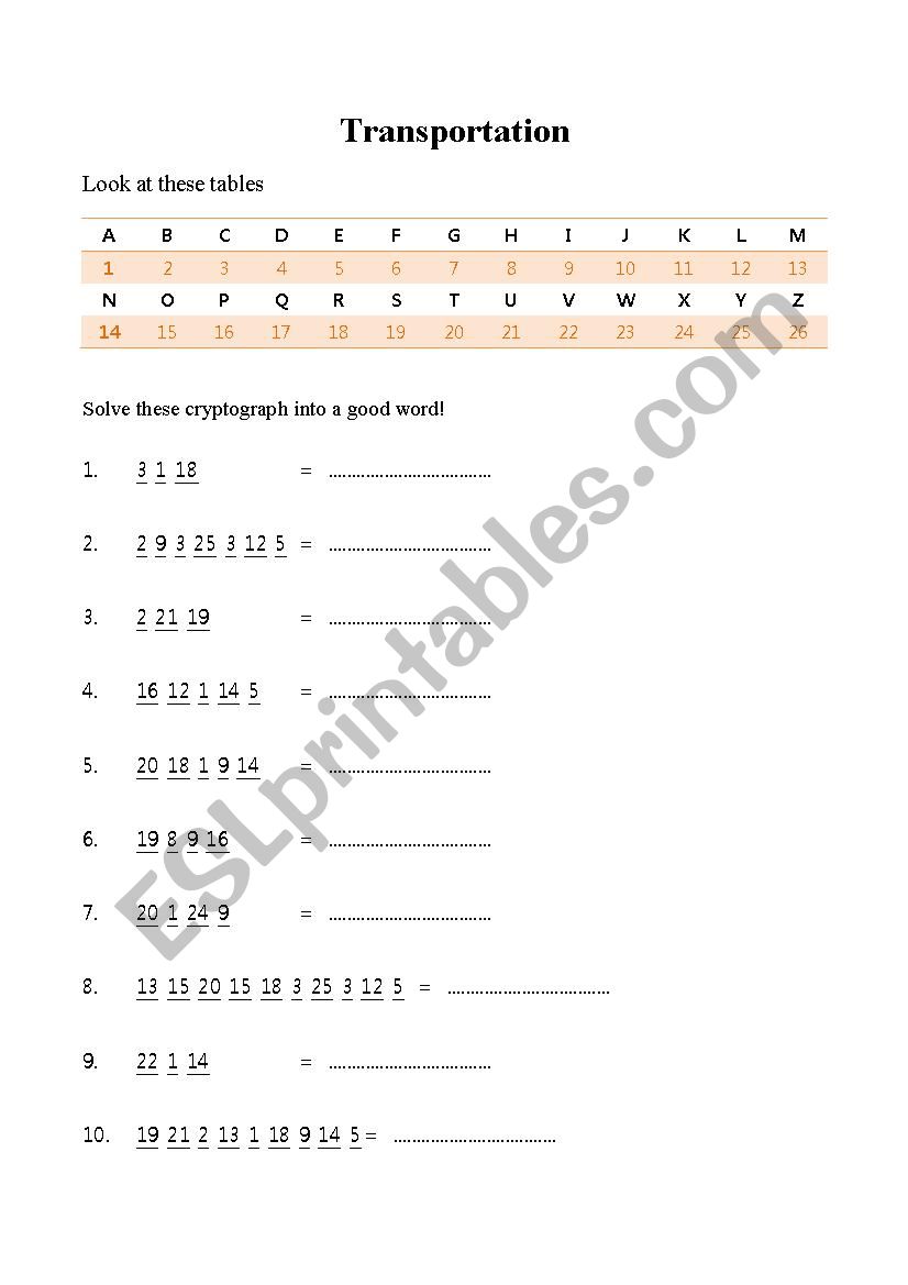 Transportation worksheet