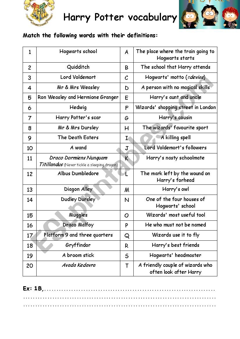 HARRY POTTER VOCABULARY - ESL worksheet by aurore23