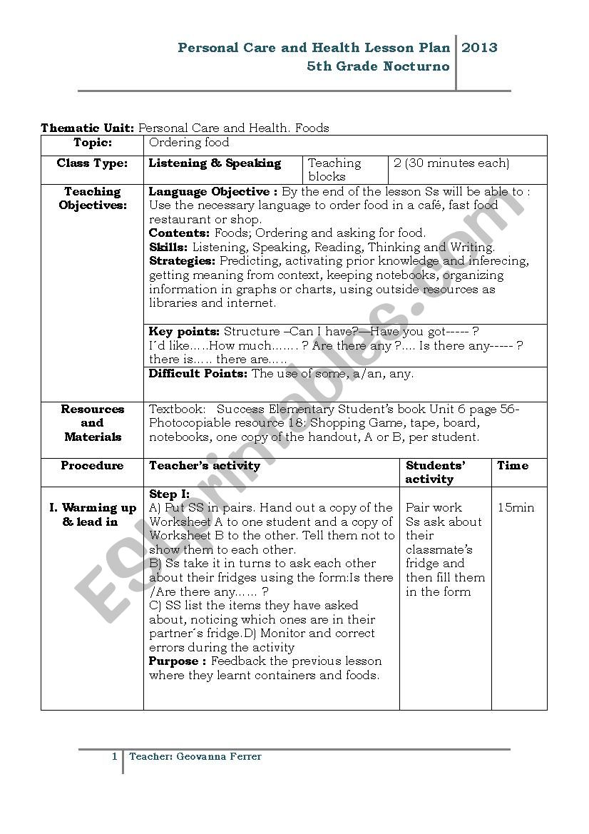 Lesson Plan Buying Foods worksheet