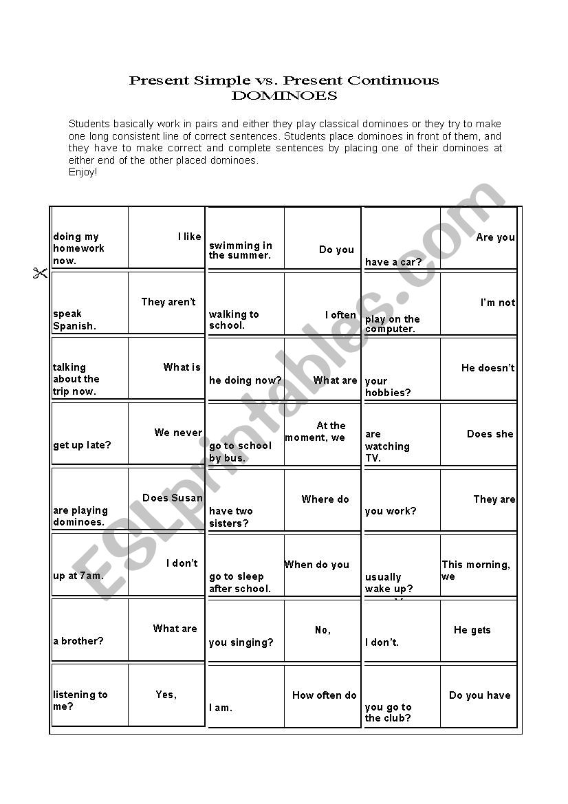 Present Simple and Present Continuous Dominoes