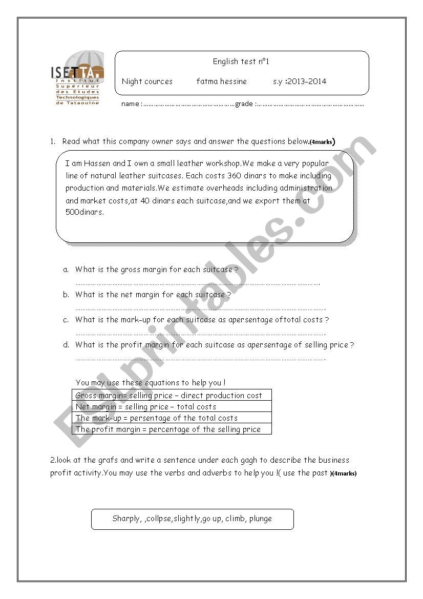 English test night cources worksheet