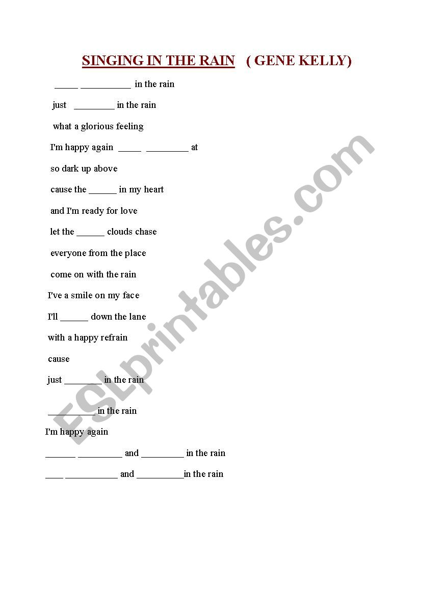 Singing in the rain worksheet