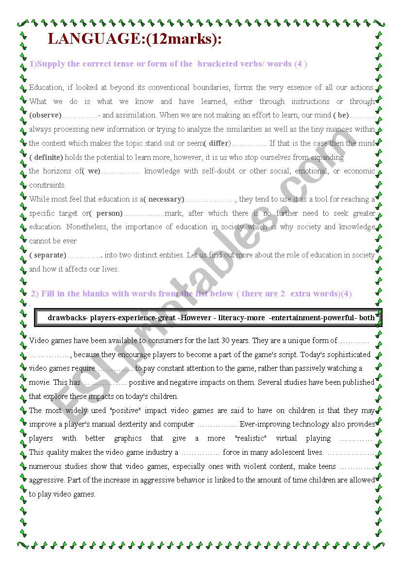 language tasks worksheet