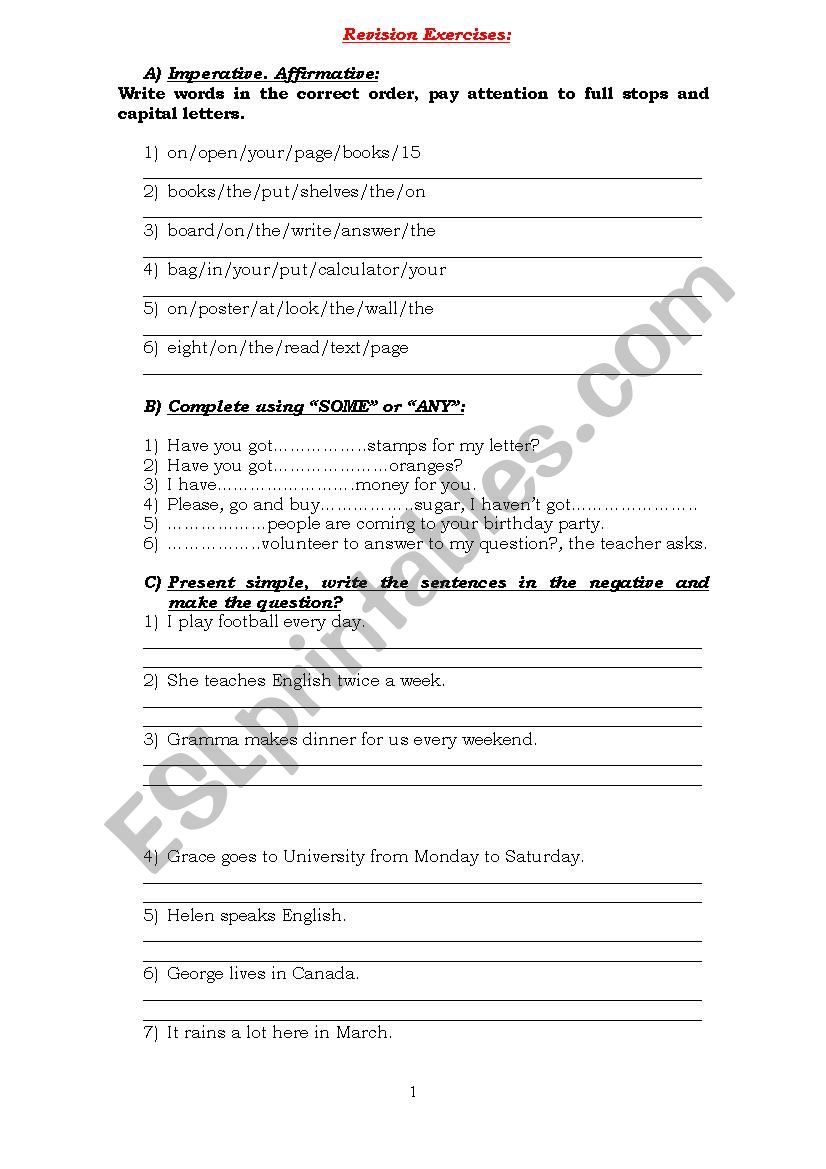 Revision Excercise worksheet
