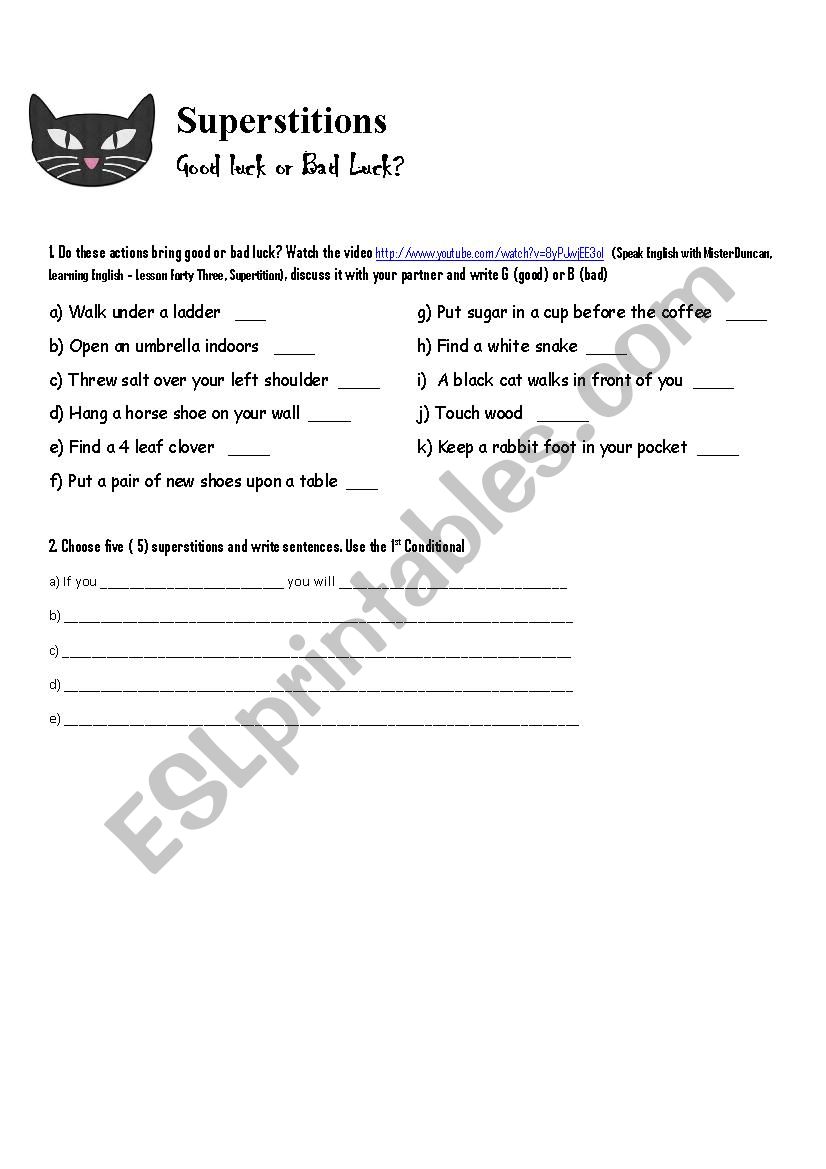 Superstitios Good or Bad Luck worksheet