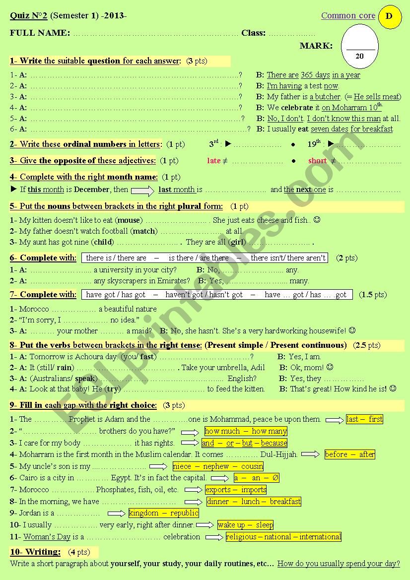  A superfine test or Quiz for elementary students - Version 