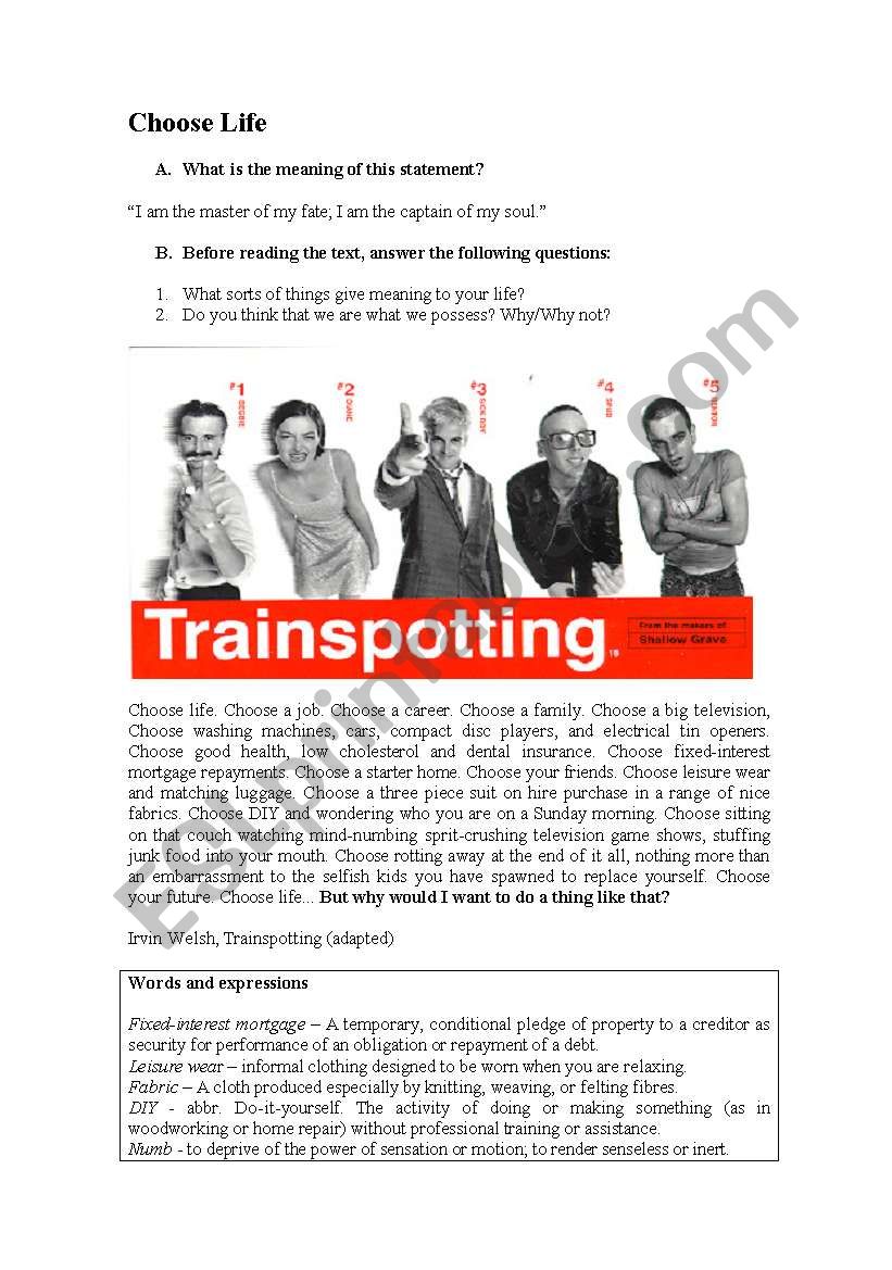 Trainspoting worksheet