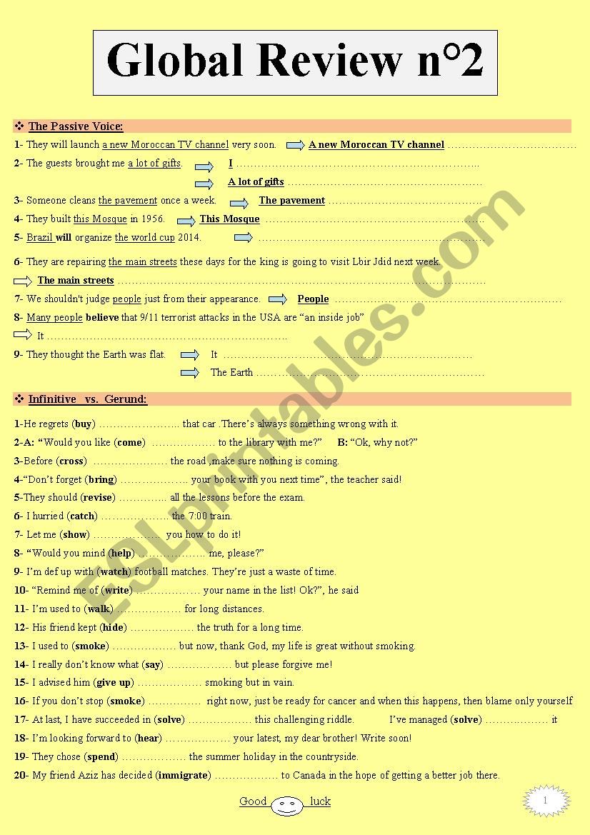 Global Grammar Review n2 with key provided: Revising the passive voice + Infinitive & Gerund