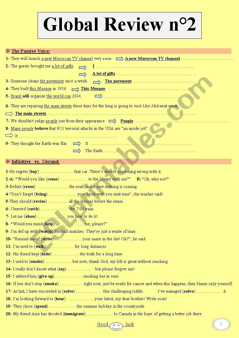 Global Grammar Review nÂ°2 with key provided: Revising the passive voice + Infinitive & Gerund
