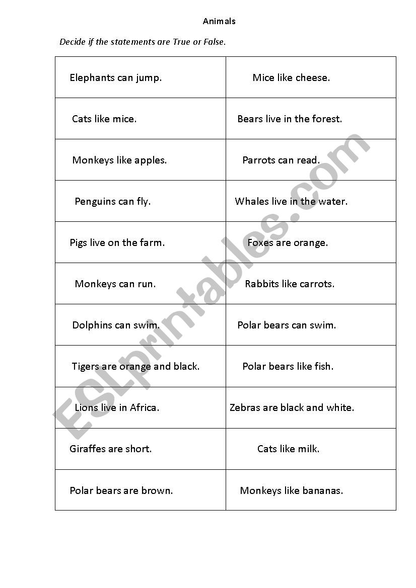 Animals: true or false? worksheet