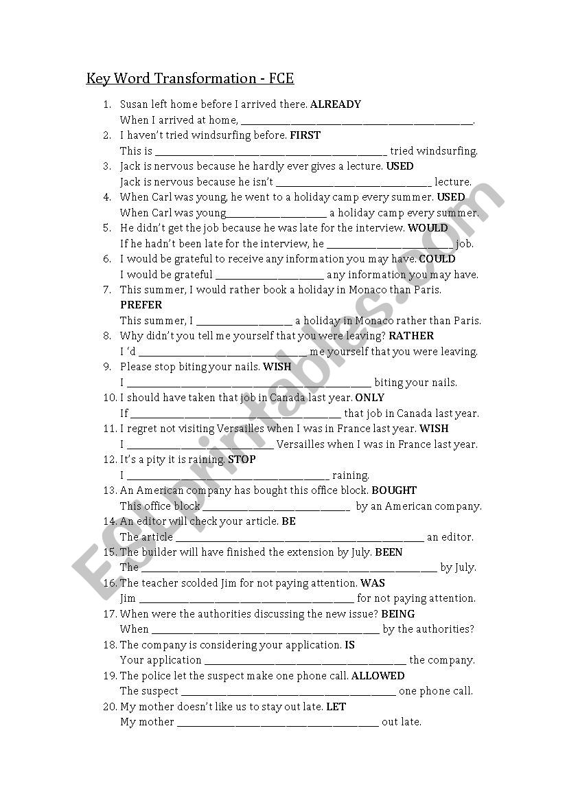 Key Word Transformation FCE with Key included